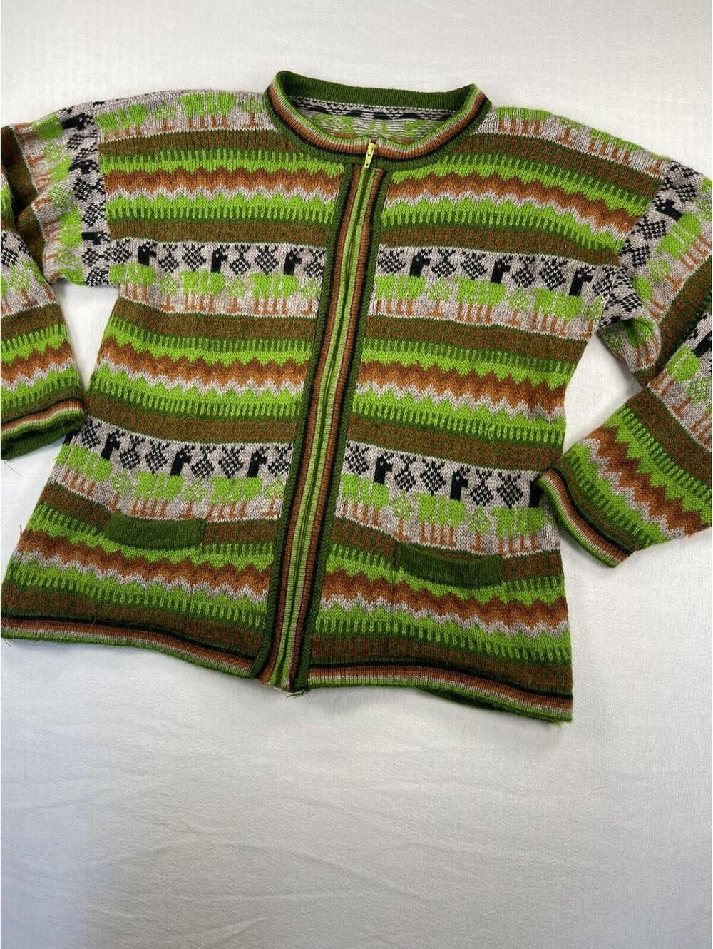 READ handmade Alpaca Zip Front Cardigan Women Sweater Llama Green Brown Ecuador - Picture 9 of 10